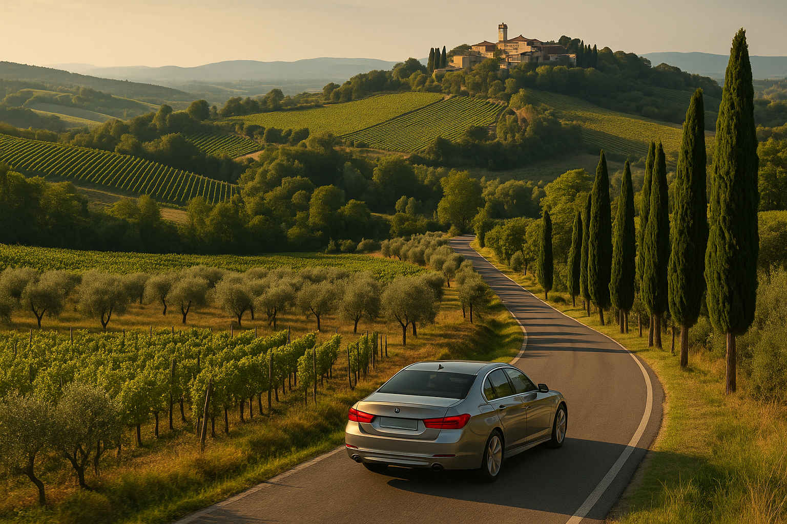 Beautiful car traveling through the Tuscan countryside