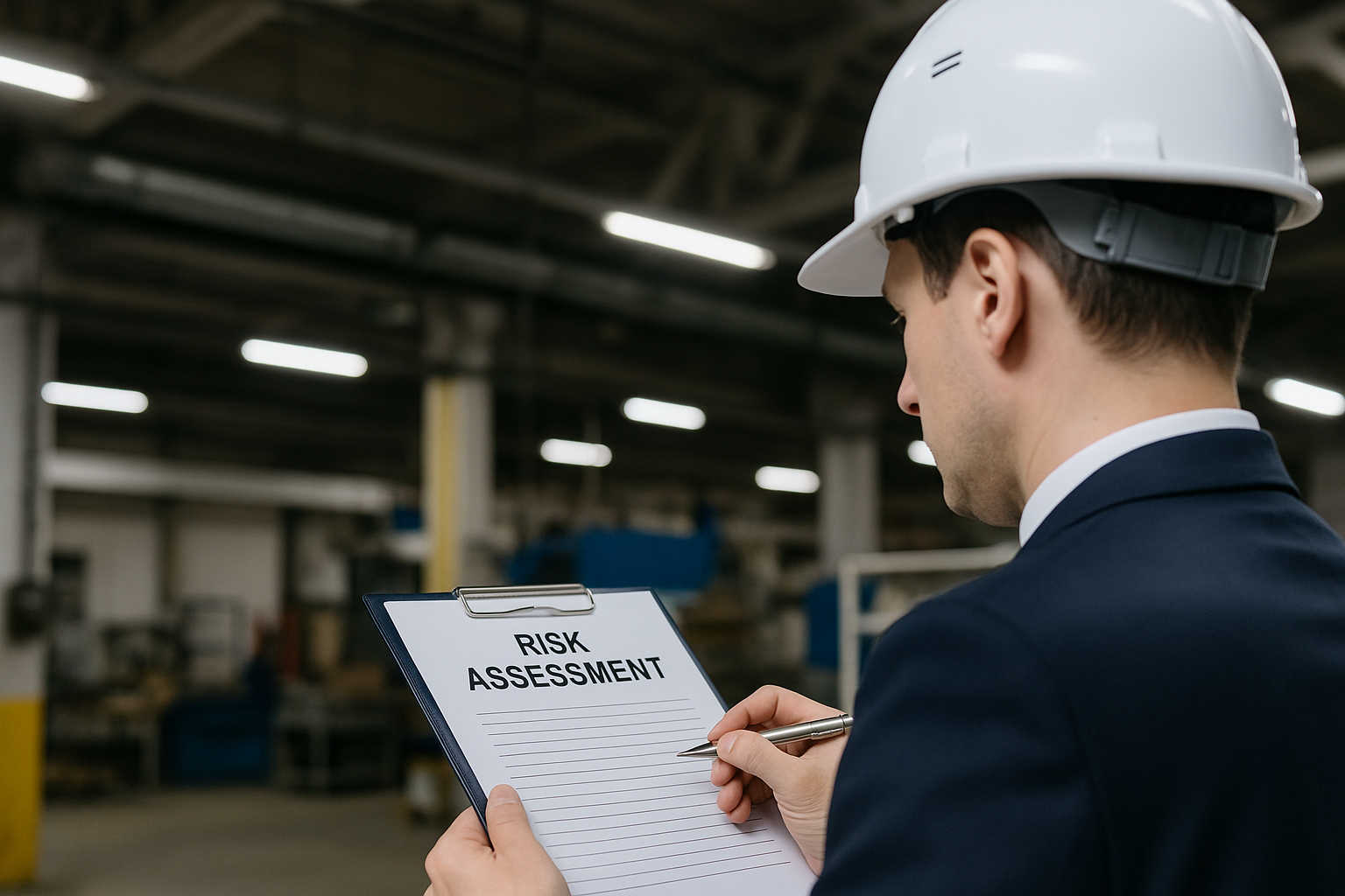 uomo con casco che scrive in un ambiente di lavoro