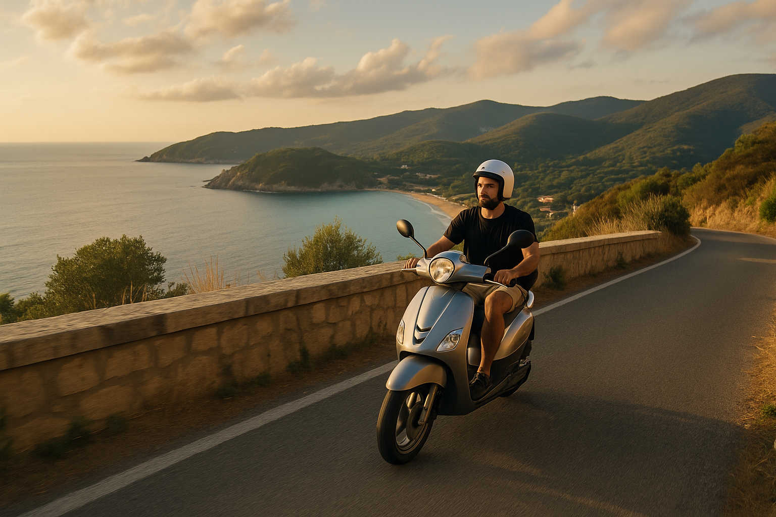 uomo in scooter che guida su strada panoramica. Sullo sfondo mare e vegetazione