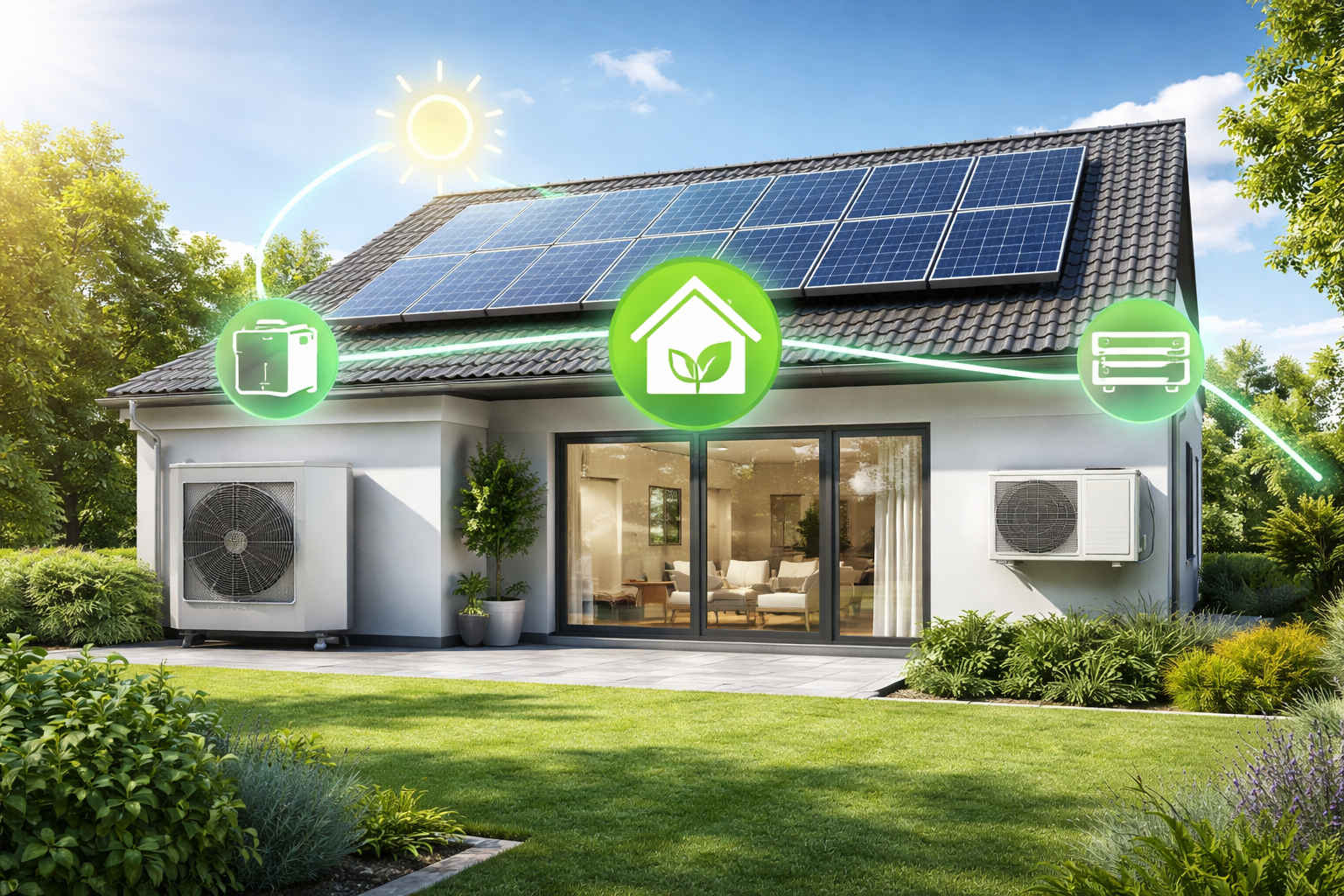 casa moderna con impianto fotovoltaico, climatizzazione e pompa di calore per efficienza energetica domestica