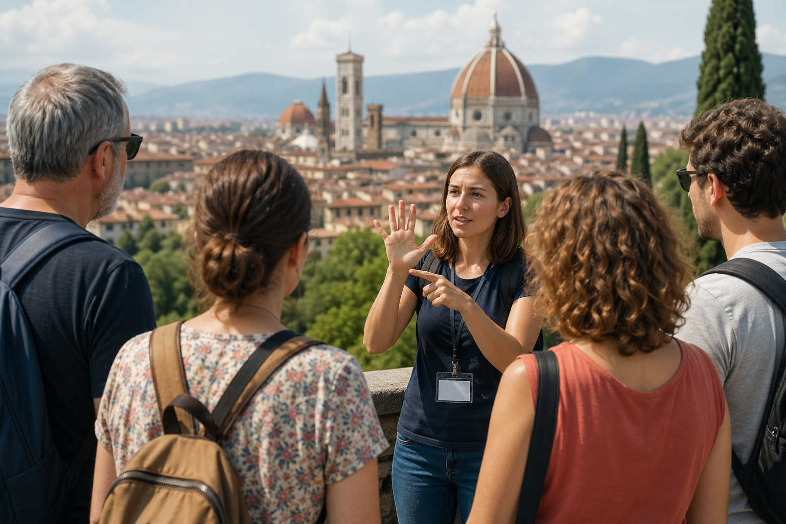 Gruppo di turisti con guida che comunica in lingua dei segni durante una visita panoramica in città storica italiana