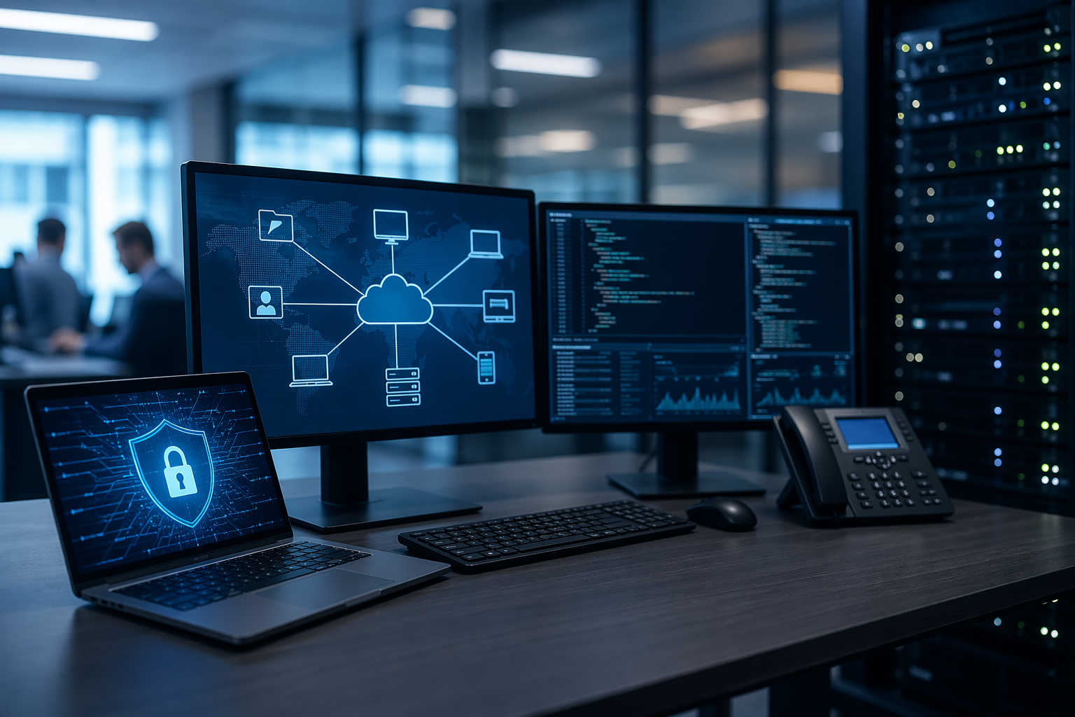 Infrastruttura IT aziendale con server, monitor e sistemi di sicurezza informatica in ufficio moderno