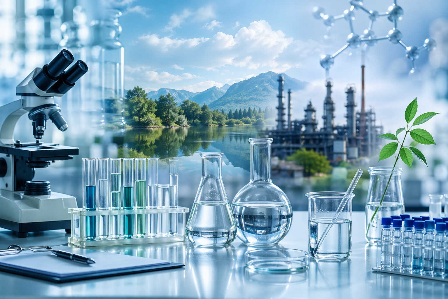 Laboratorio di analisi chimiche con strumenti scientifici, provette e paesaggio ambientale per controllo qualità e ricerca.