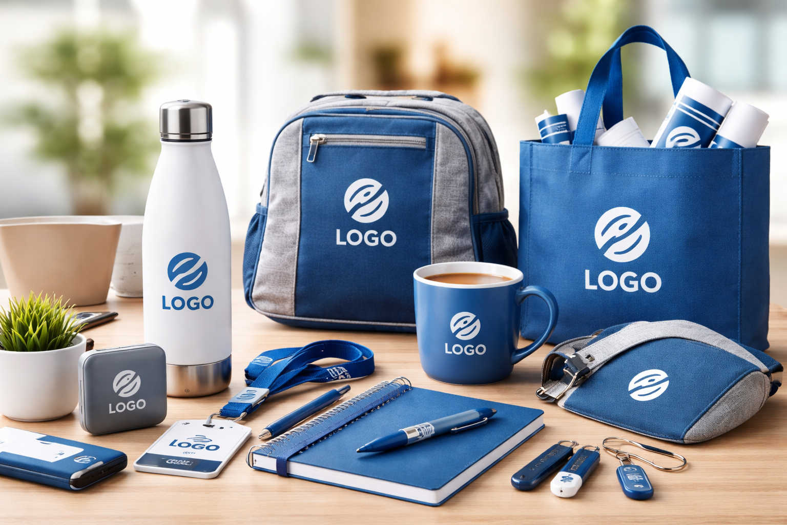 Gadget aziendali personalizzati su scrivania con penne, taccuini, borraccia e accessori promozionali per branding