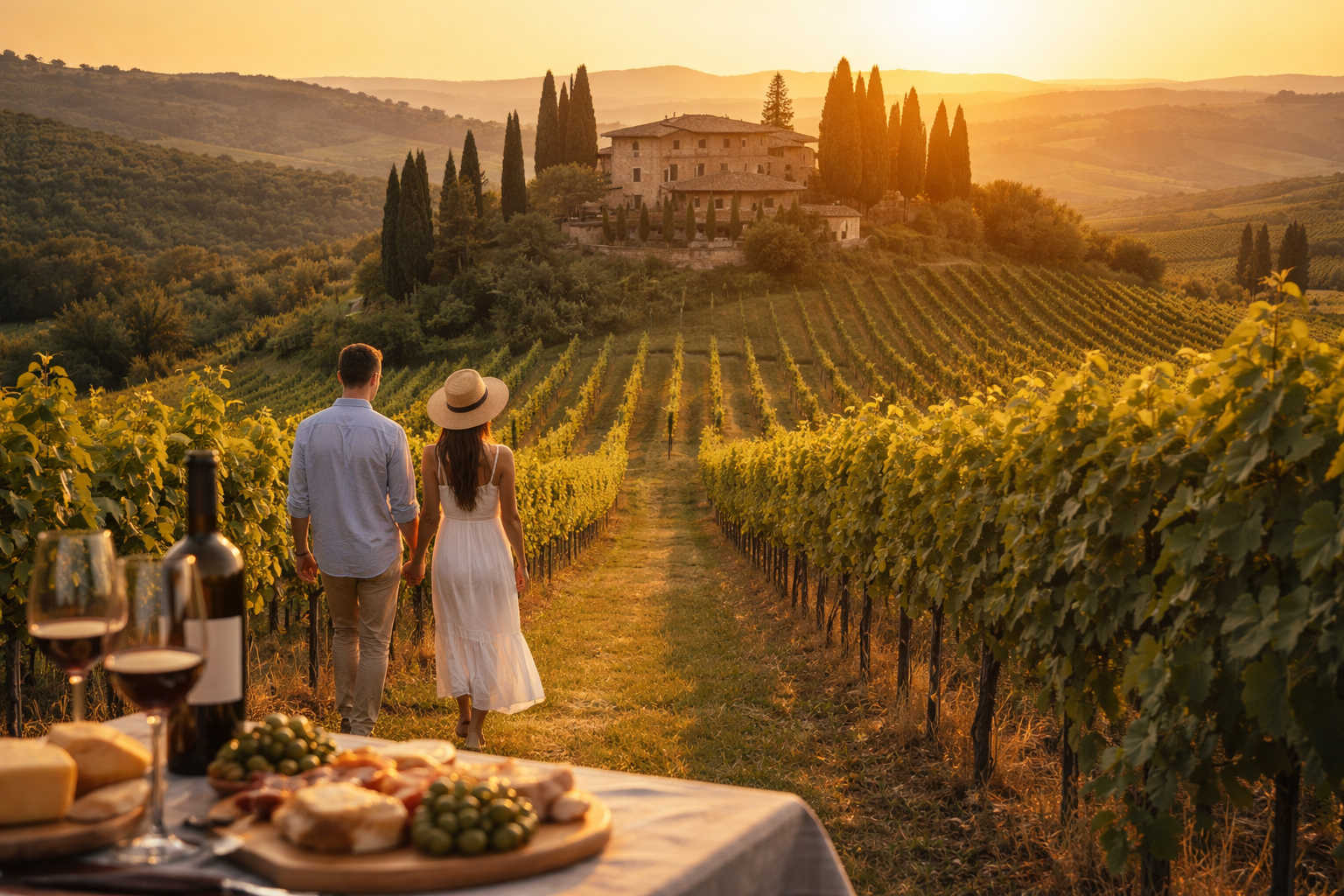 Couple walking through Tuscan vineyards at sunset with villa and wine tasting table, authentic luxury travel experience in Tuscany