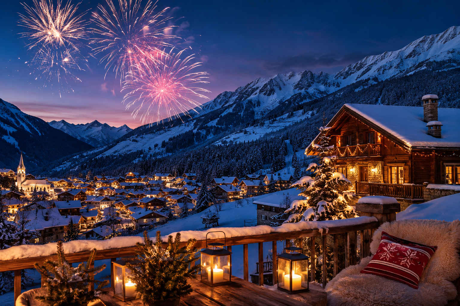 Panorama invernale di montagna con chalet illuminato, villaggio alpino innevato e fuochi d’artificio durante la notte di Capodanno.