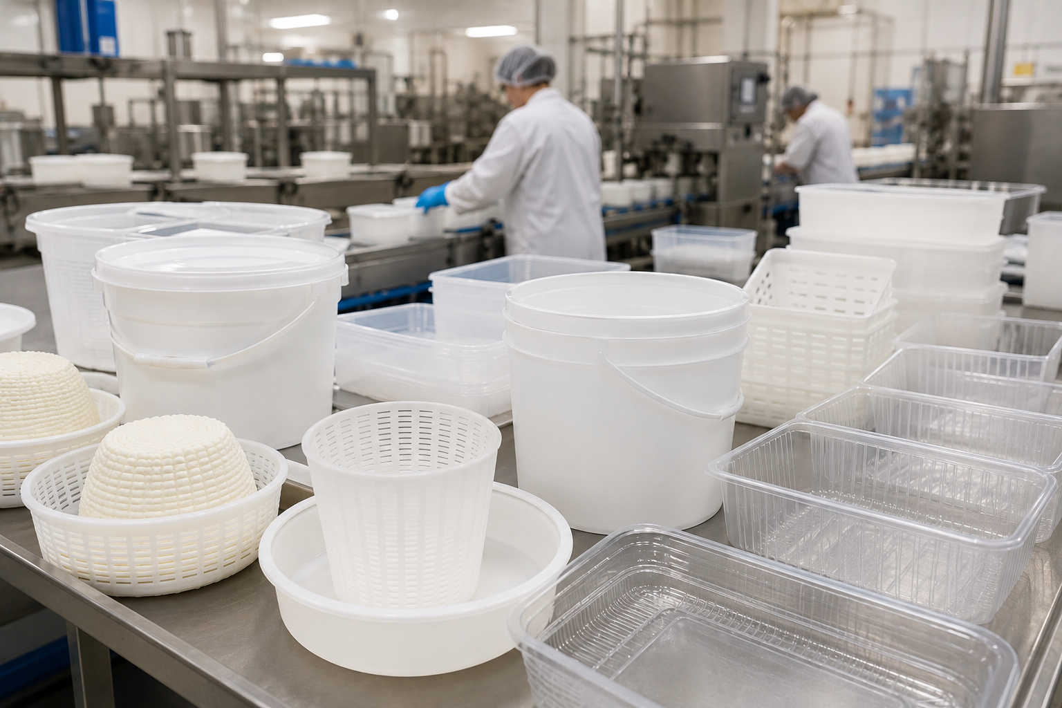 Linea produttiva industriale con contenitori e packaging alimentare in plastica per il settore lattiero caseario e la lavorazione di formaggi freschi.