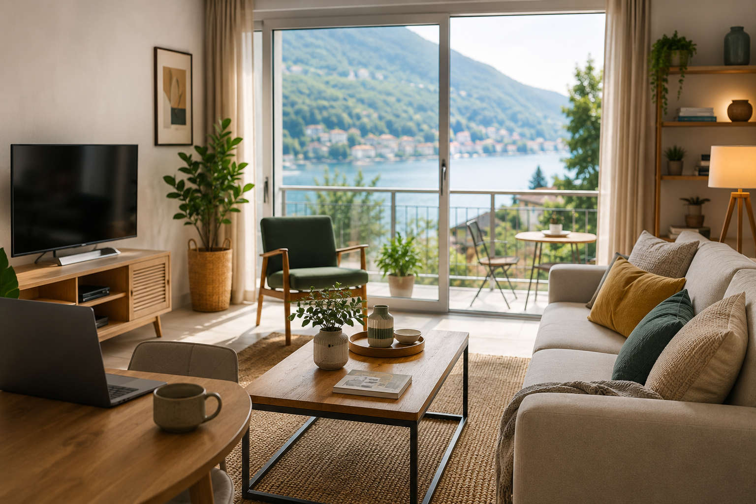 Modern vacation rental living room with lake view, comfortable furnishings and remote work setup, representing the amenities and guest experience travelers expect from today's holiday rentals.