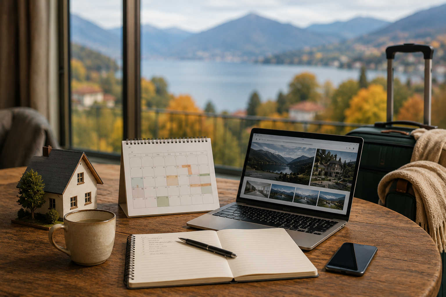 Spazio di lavoro con laptop, calendario prenotazioni e vista panoramica sul lago, simbolo delle strategie per aumentare l’occupazione di una casa vacanza durante la bassa stagione.