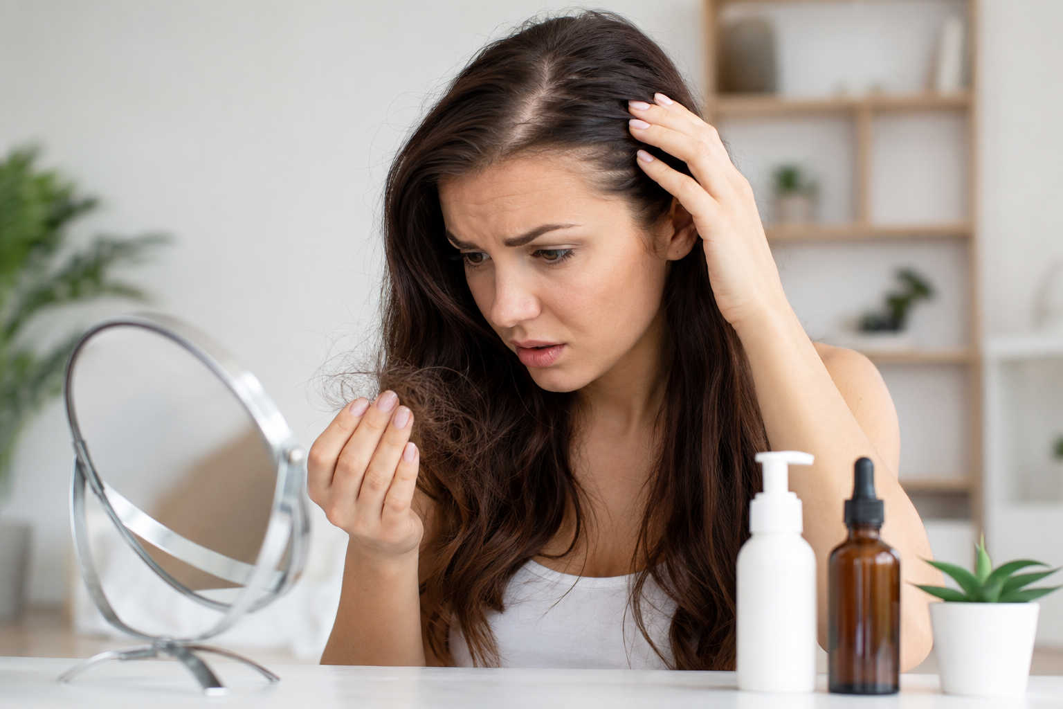 Donna che osserva la perdita di capelli davanti allo specchio mentre controlla il cuoio capelluto, immagine rappresentativa della caduta dei capelli femminile, delle possibili cause e dei trattamenti dermatologici.
