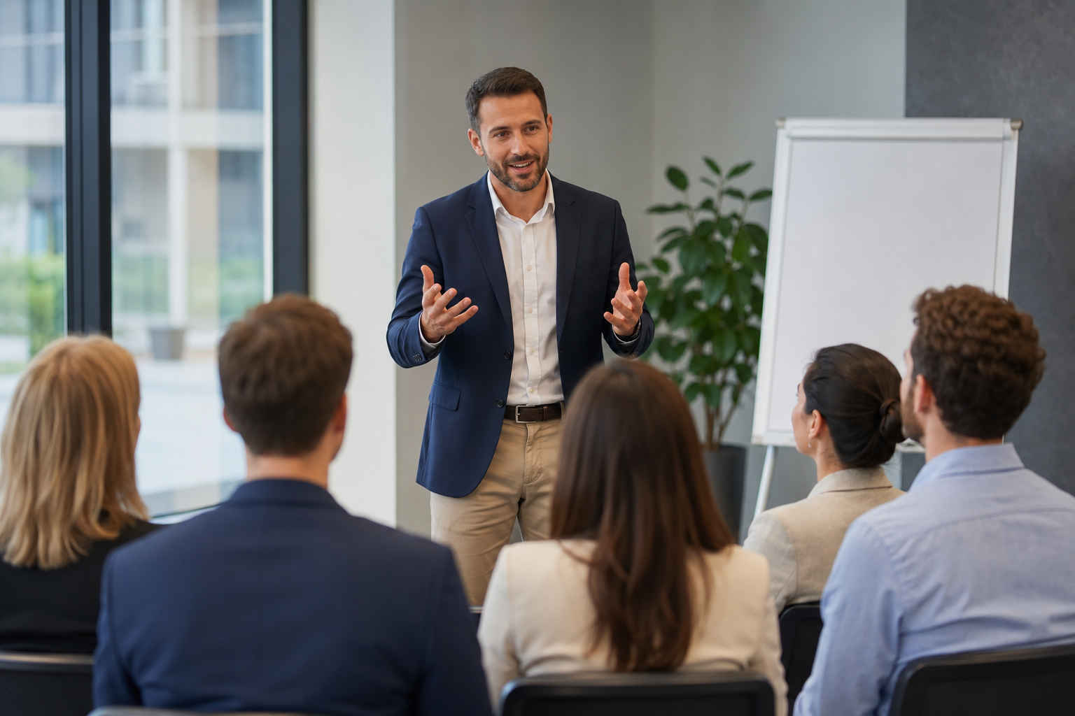 Professionista durante un corso di dizione e public speaking mentre guida un gruppo di partecipanti in un'aula moderna, con focus sulla comunicazione efficace e sull'uso della voce.