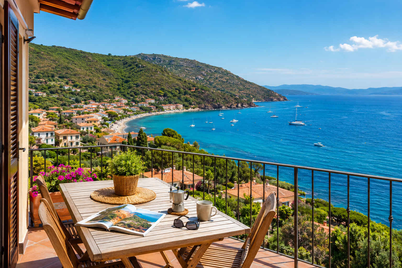 Terrazza panoramica di un appartamento per vacanze all'Isola d'Elba con vista sul mare, sulla spiaggia e sul borgo costiero in una giornata estiva.