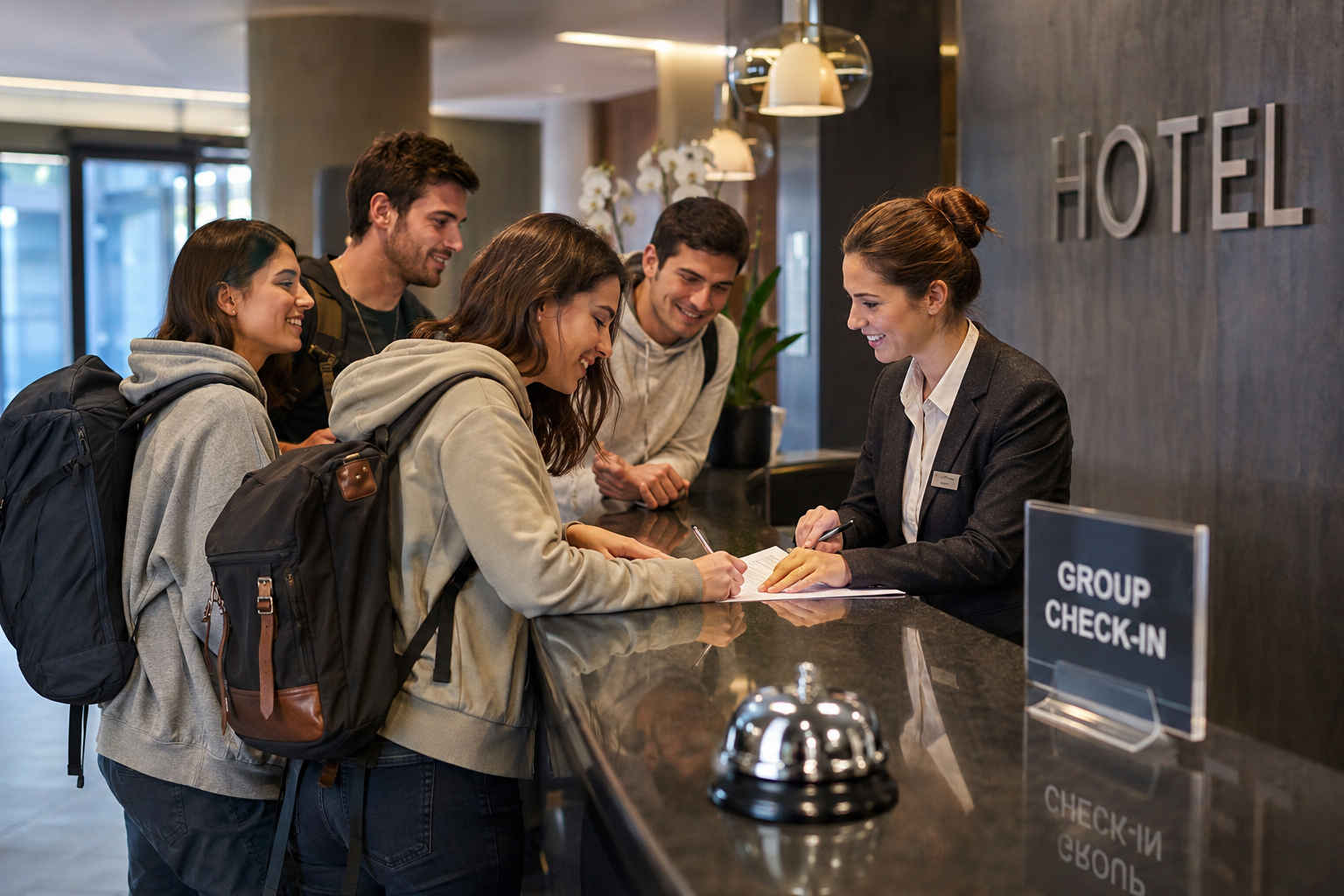 renotazione hotel per gruppi alla reception di una struttura ricettiva con check-in organizzato per comitive e viaggi di gruppo