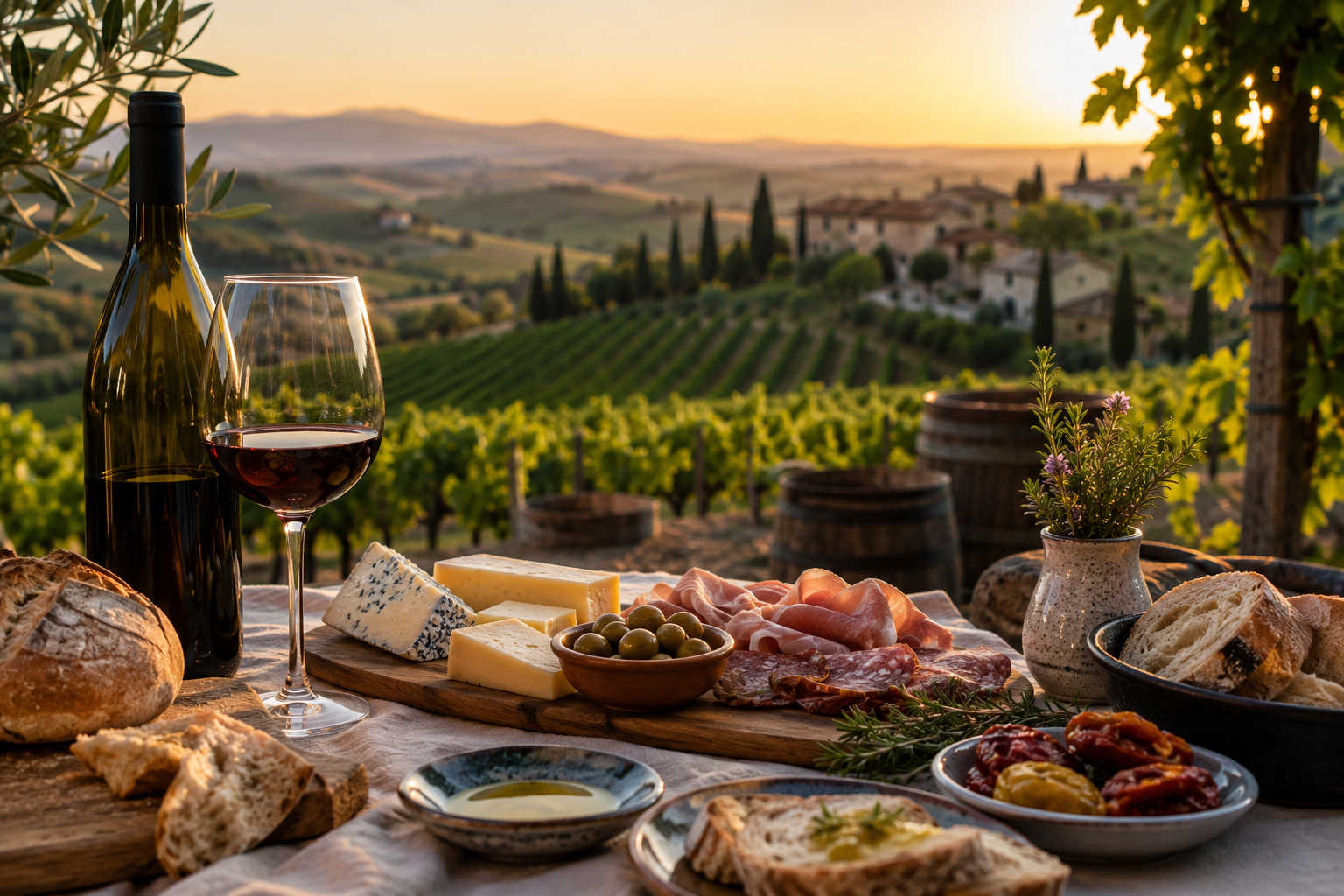 Tavola con prodotti enogastronomici italiani, vino, salumi e formaggi affacciata su vigneti e colline al tramonto.