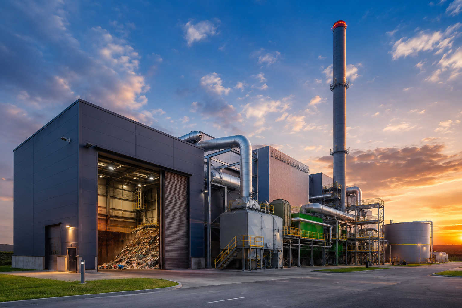 Impianto di incenerimento industriale per il trattamento controllato dei rifiuti con sistemi di abbattimento delle emissioni e tecnologie per la gestione sicura dei materiali speciali.