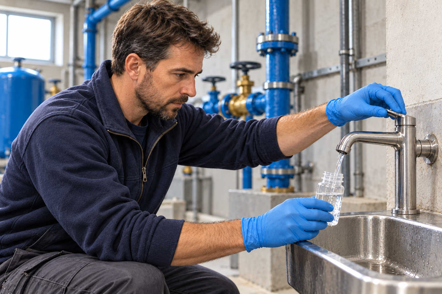 Tecnico che preleva un campione d’acqua da un impianto idrico per la ricerca della Legionella.